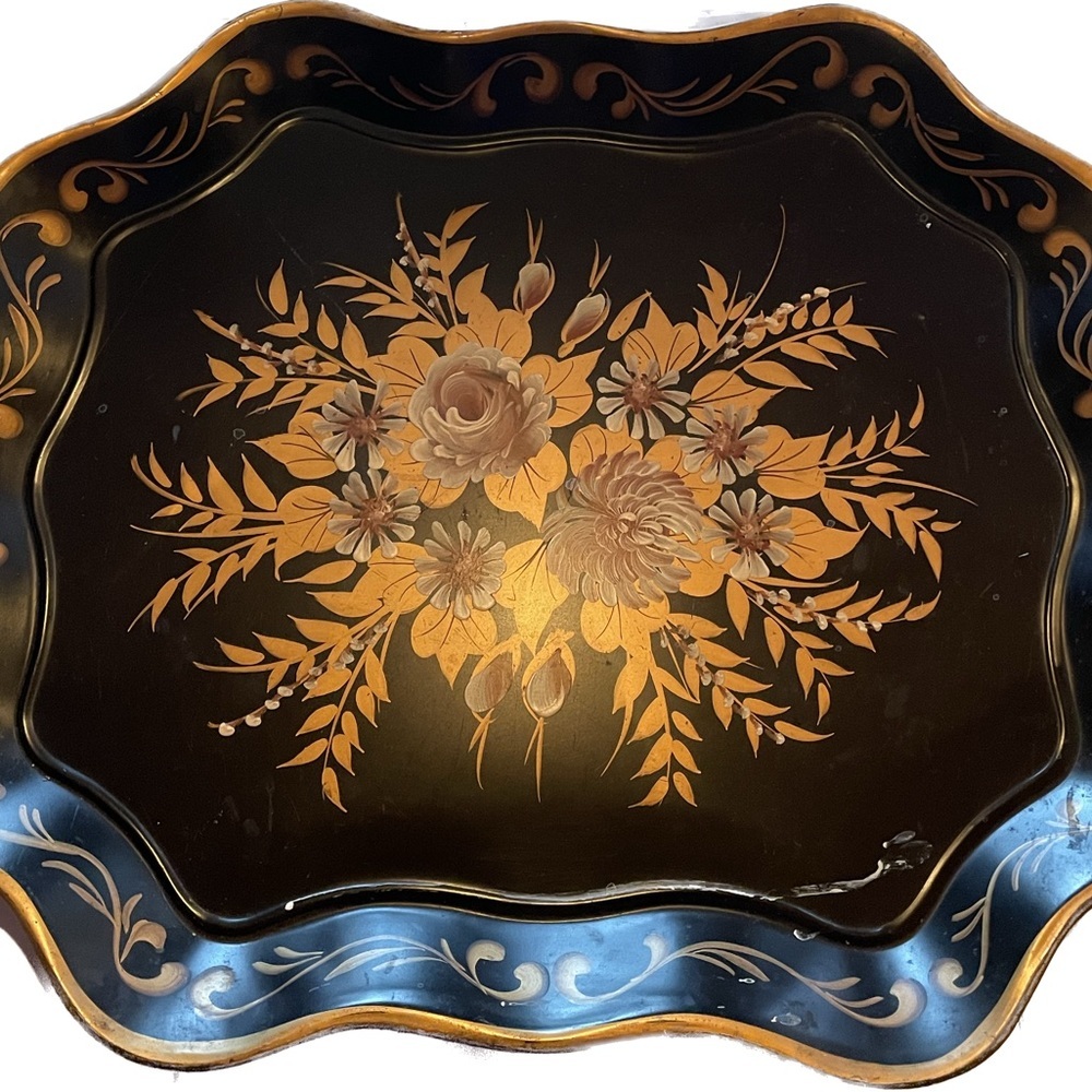 Rare Large Antique Toleware Tray Black Gold
